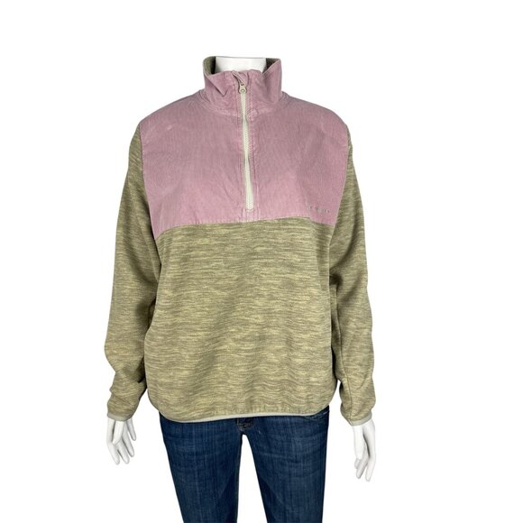 Simply Southern Medium Pink Corduroy and Khaki Fleece 1/4 Zip Pullover Top - Picture 1 of 10